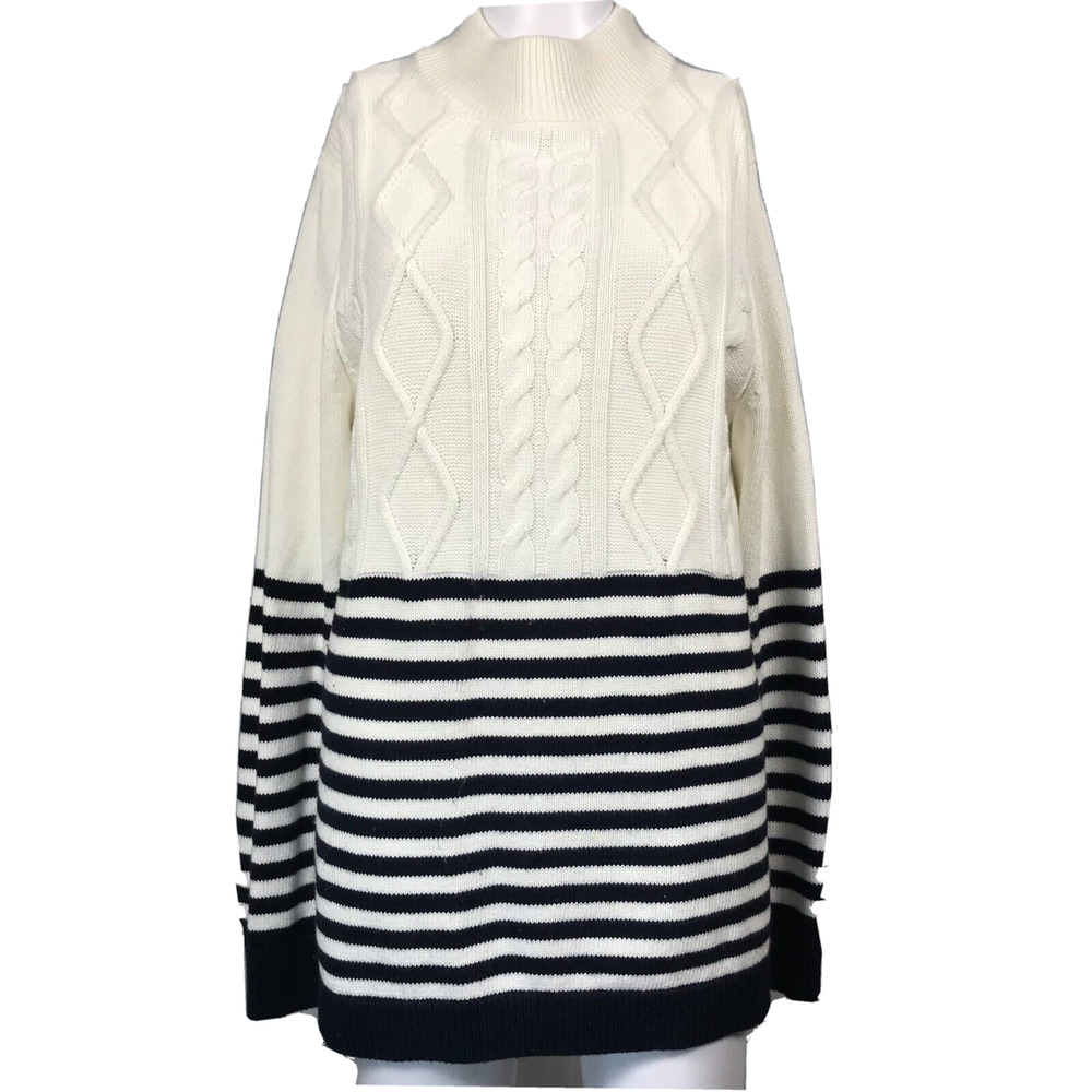 Talbots Sweater Womens LP Petite Ivory Navy Striped Cashmere Mock Neck Nautical